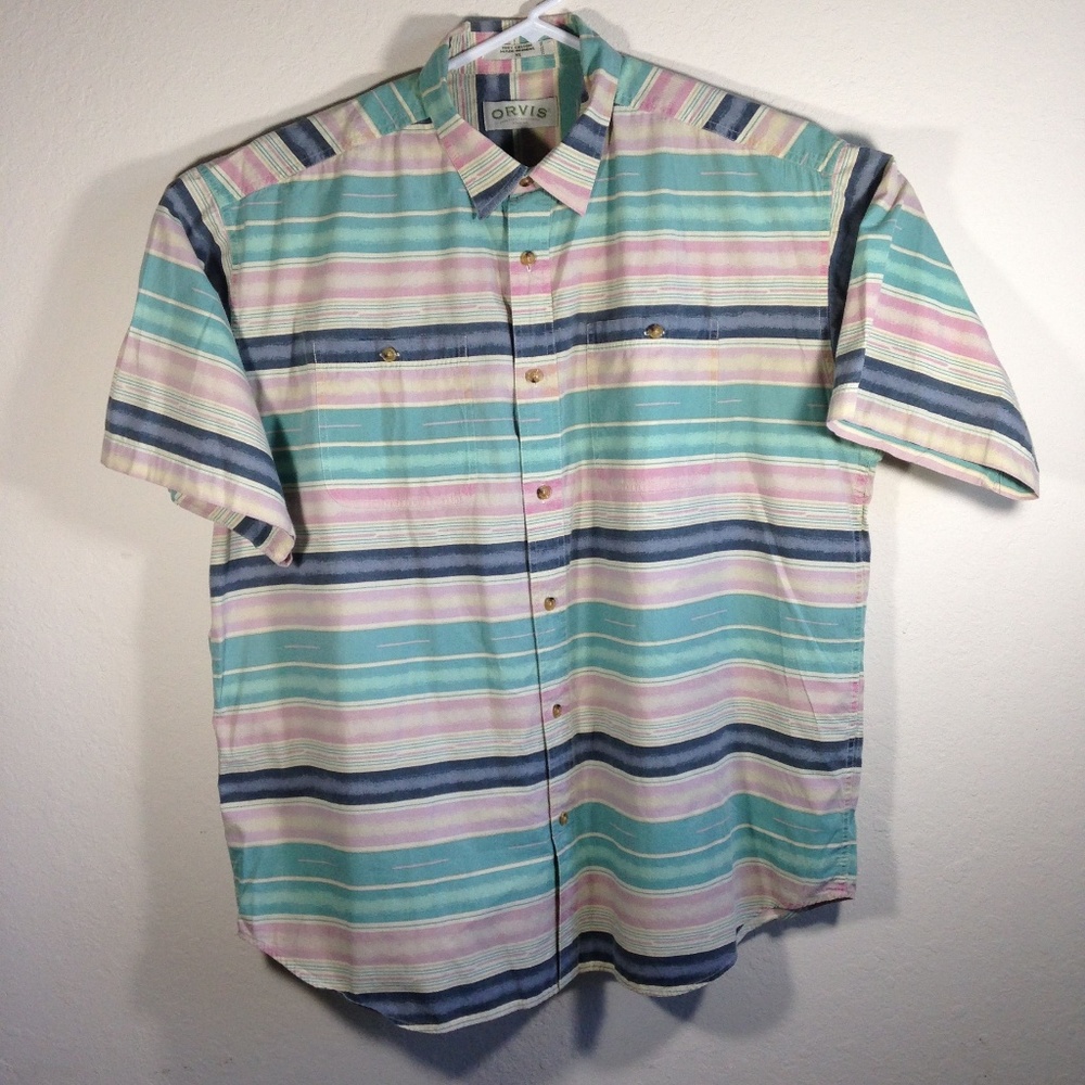 Orvis Button Down Short Sleeve Shirt Striped Sz XL